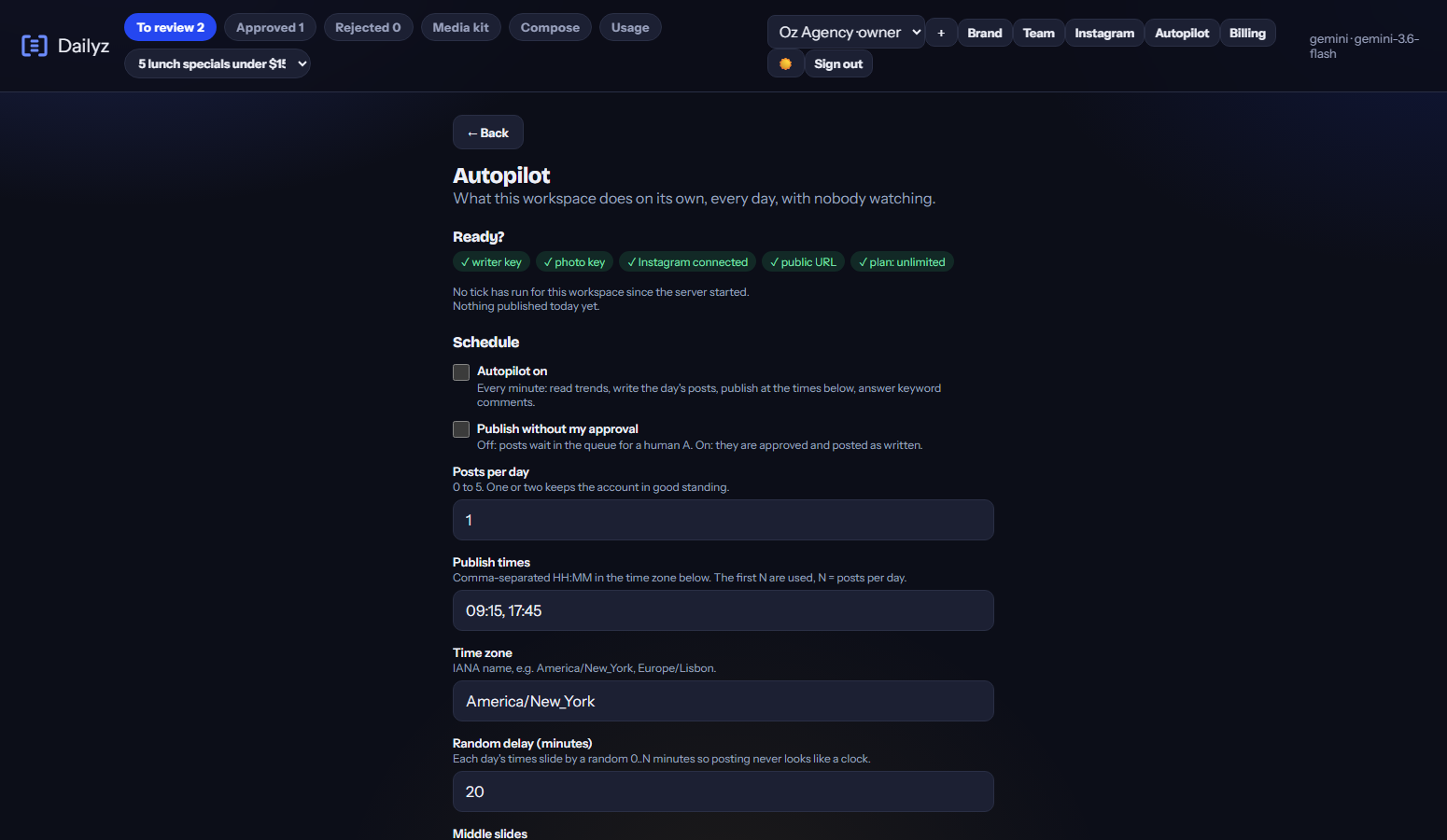 The Autopilot panel: readiness checks, the daily schedule, publish times, time zone, trend sources, and the comment-to-DM funnel.