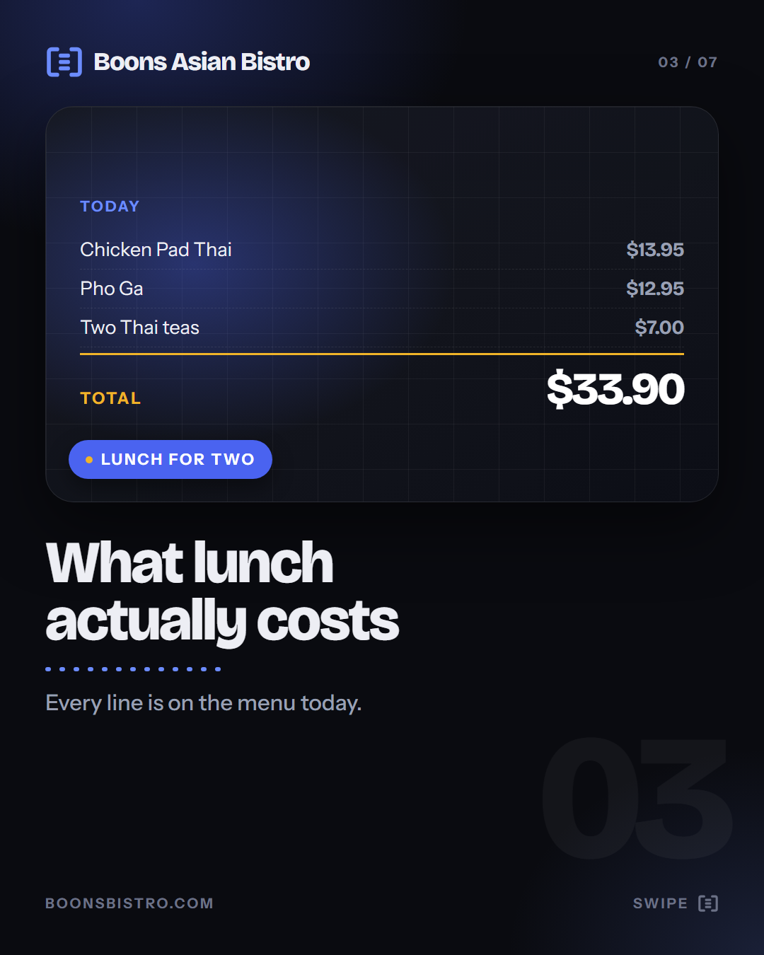 Receipt card: a dark slide styled like a till receipt listing three menu items with their prices and a total at the bottom.