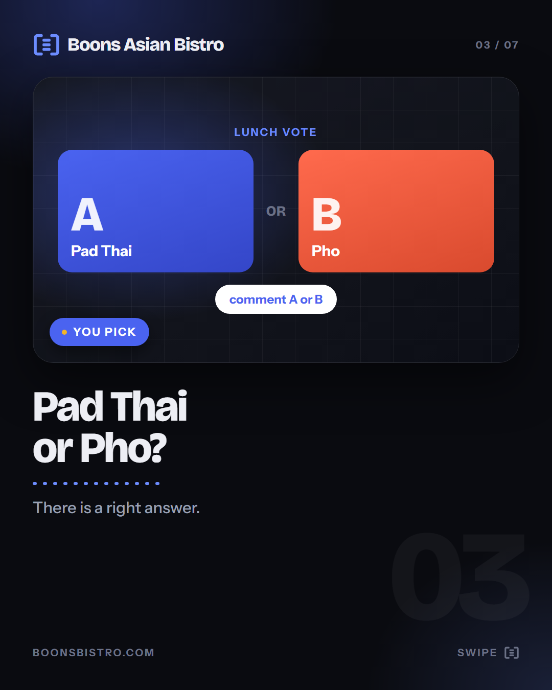 This-or-that card: a slide split in two, Pad Thai labelled A against Pho labelled B, asking the reader to comment their pick.