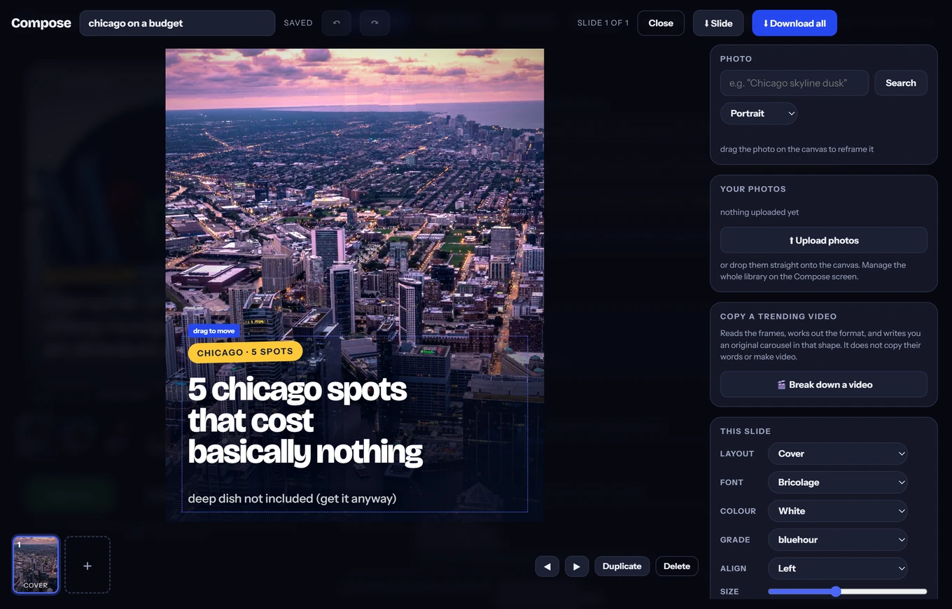 The Dailyz composer, with a Chicago skyline photo on a 1080x1350 canvas and controls for layout, font, colour, grade and alignment.